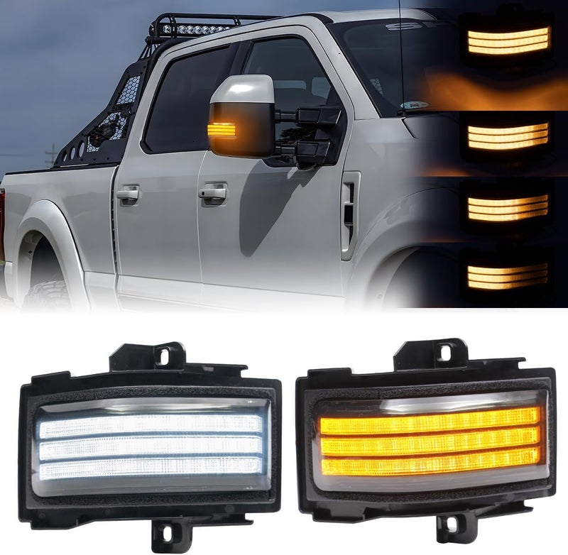 Aexploer Side Tow Mirror Turn Signal LED Lights Compatible with F150 2015-2025 for F250 F350 F450 2017-2025 White Daytime Running &Yellow Dynmaic Sequential Blink Turn Marker Lamp (Smoked Len) - Image 1